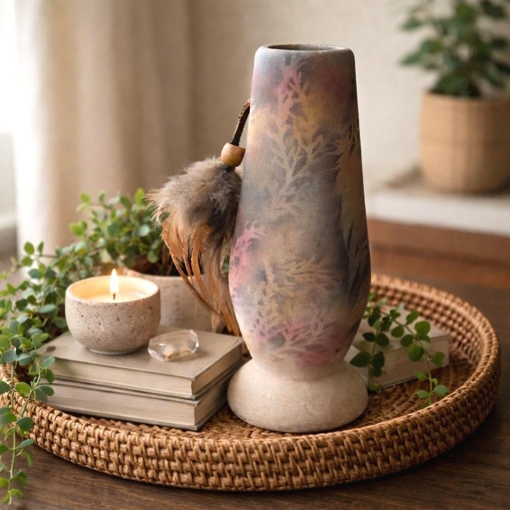 Signed Studio Pottery Vase 1986 Smoke Fired Botanical Feather Boho Southwest